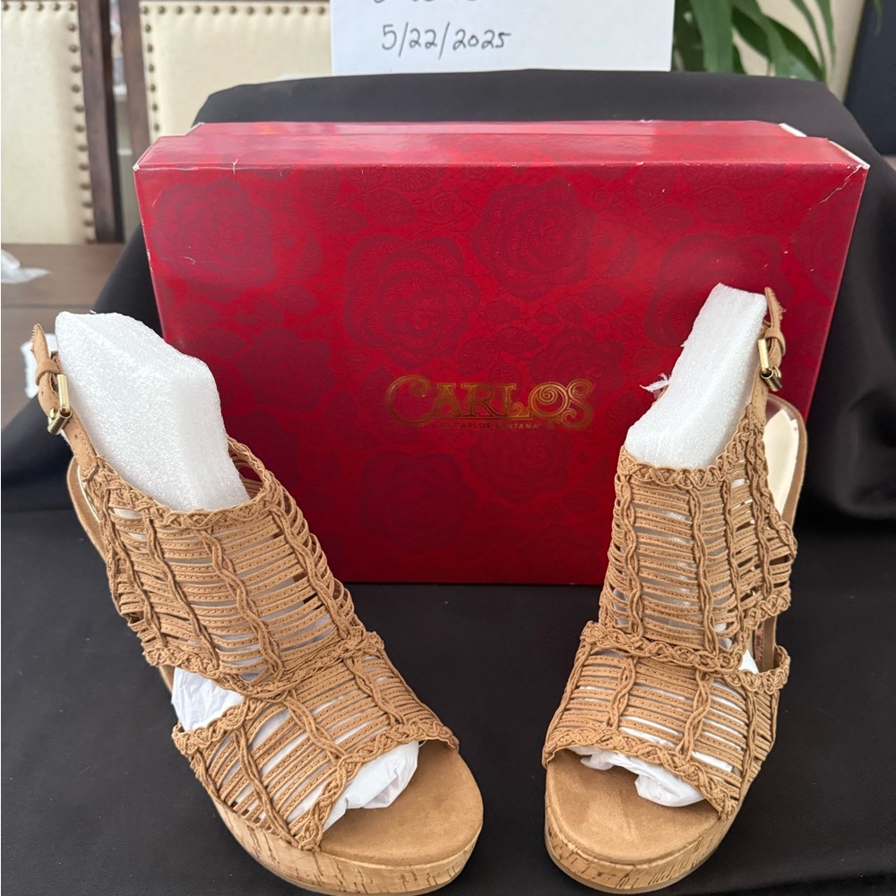 Carlos Santana Tan Wedge Sandals with Braided Design